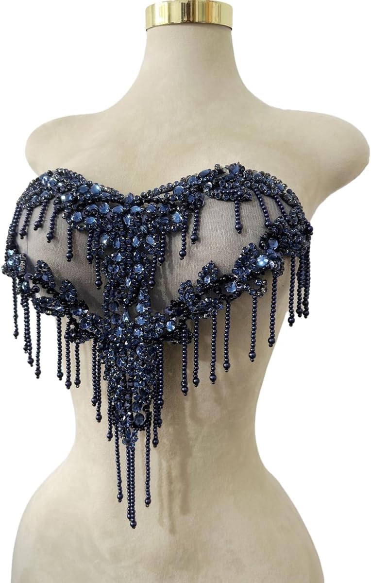 MOPISVN Handmade Crystal on lace Applique Sewing Rhinestones Fringe Beads Sequins Patches Trim Luxury Decoration Accessories for Wedding Dress 17X12.5inches (Deepblue) - Image 2